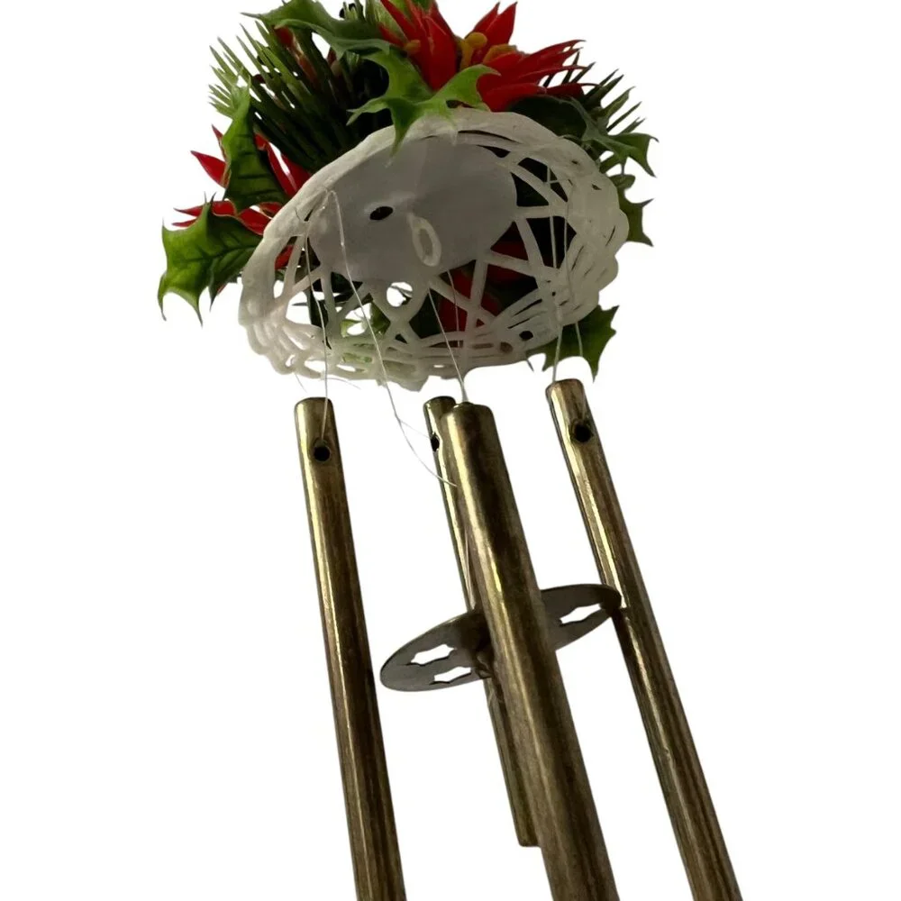 Vintage Plastic Snowman Wind Chime With Red Poinsettia & Bell Hanging Decoration